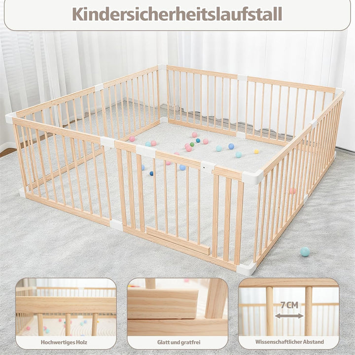 Baby Laufstall aus Holz mit Tür & Sicherheitsverschluss - Robustes Laufgitter zum Zusammenbauen, ind