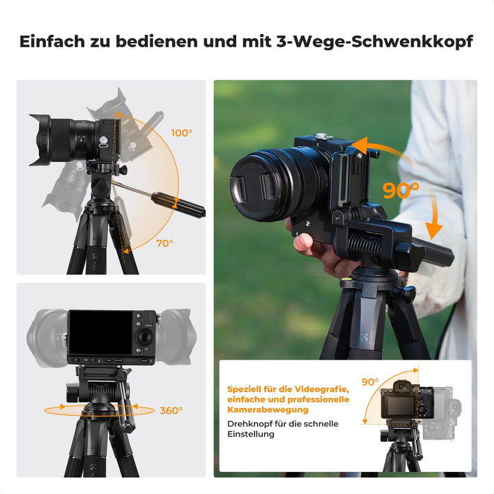 K&F CONCEPT Kamerastativ S255A3+BV01,Leichtes Stativ mit Tasche,190cm Handystativ,Tripod für Canon N