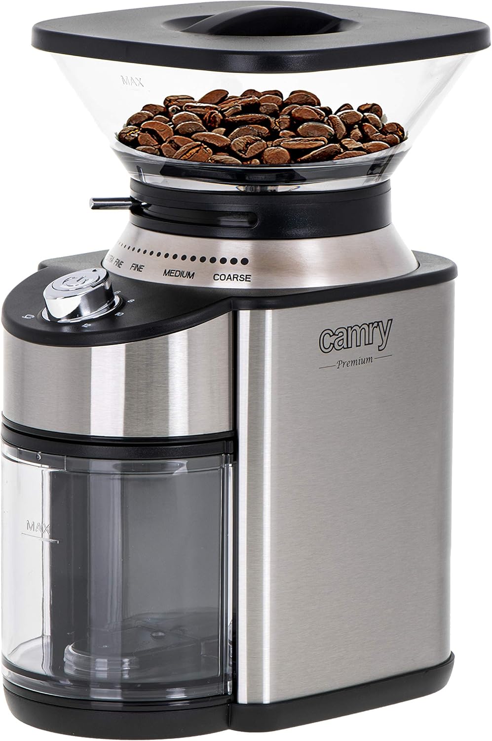 Adler CAMRY CR 4443 Kaffeemühle mit Kegelmahlwerk, 200W, Gehäuse aus Edelstahl, 16 Mahlgrade, Volume