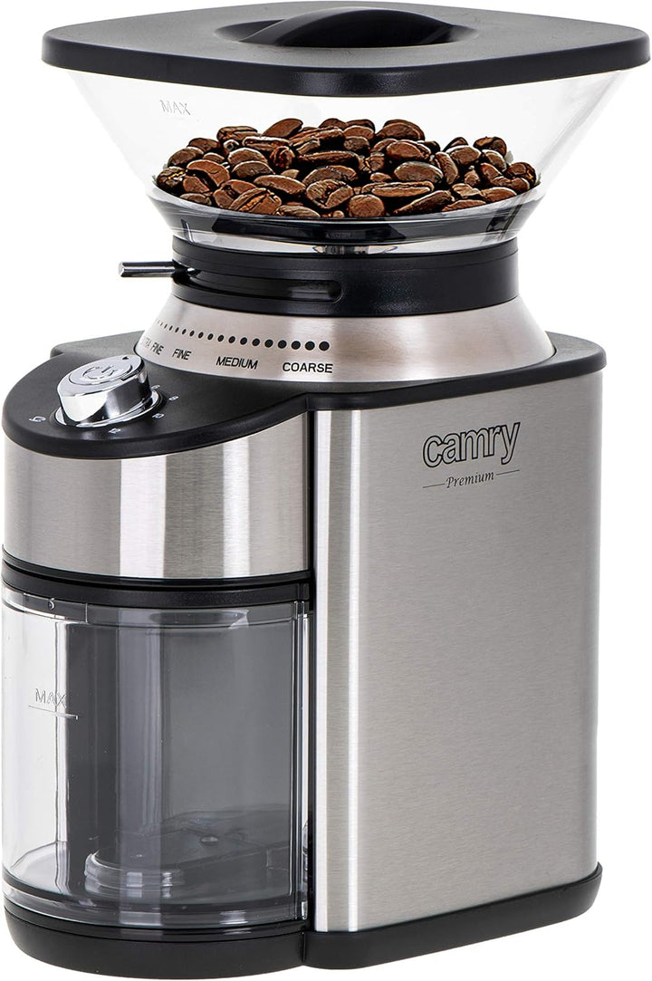 Adler CAMRY CR 4443 Kaffeemühle mit Kegelmahlwerk, 200W, Gehäuse aus Edelstahl, 16 Mahlgrade, Volume