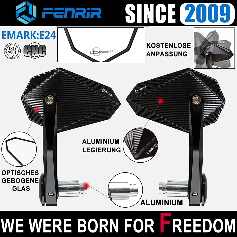 FENRIR E24 Lenkerendenspiegel Motorrad spiegel Seitenspiegel rückspiegel e geprüft Blendschutz schwa