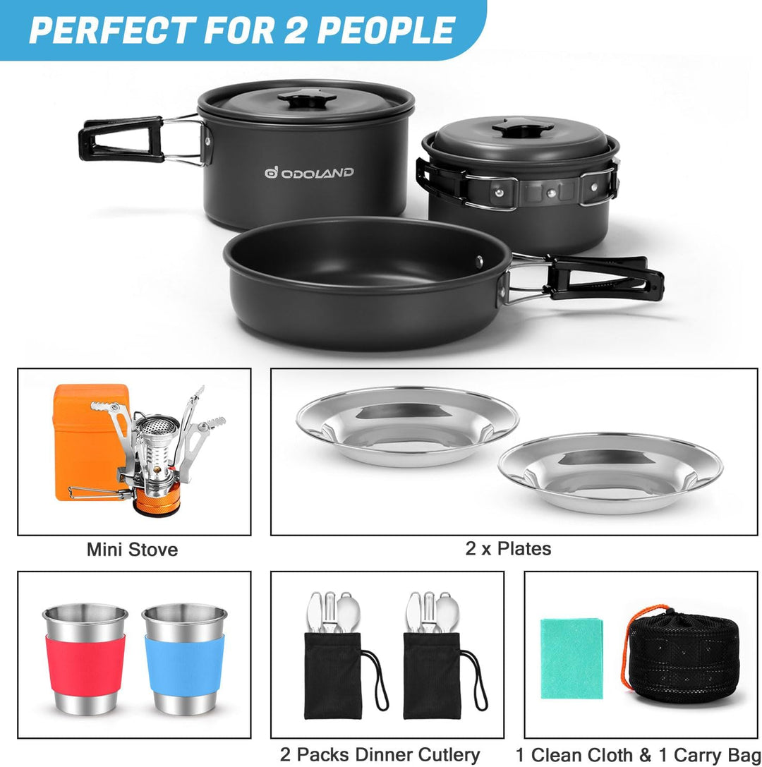 Odoland Kochgeschirr-Set mit Töpfen und Bratpfanne, zusammenklappbarer Besteckbecher, für 1-2 Person