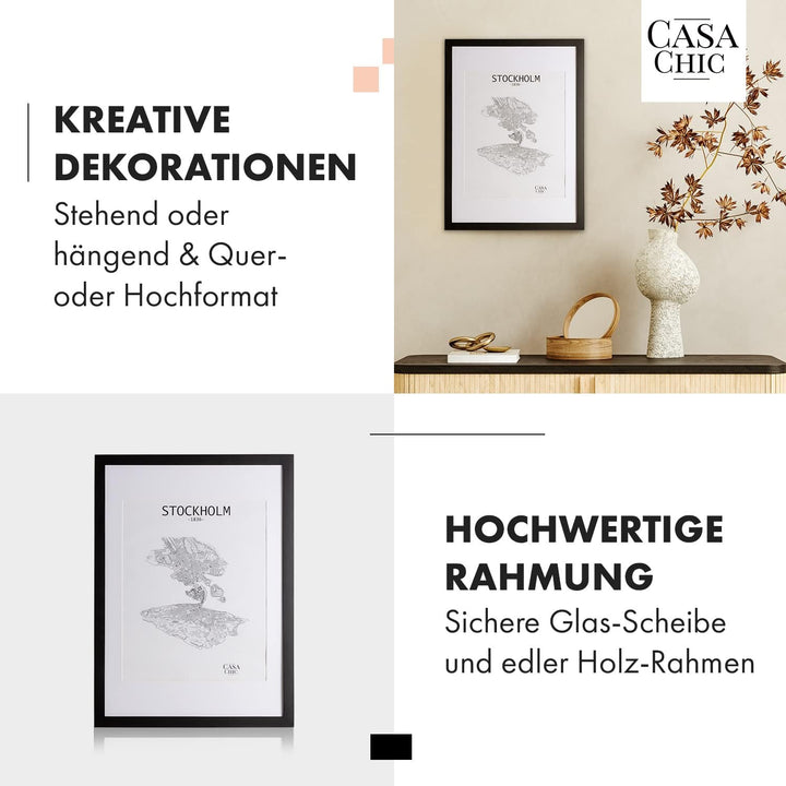 Classic by Casa Chic - Echtholz Bilderrahmen 50x70 cm - Schwarz - mit Passepartout 40x50 cm - Plexig