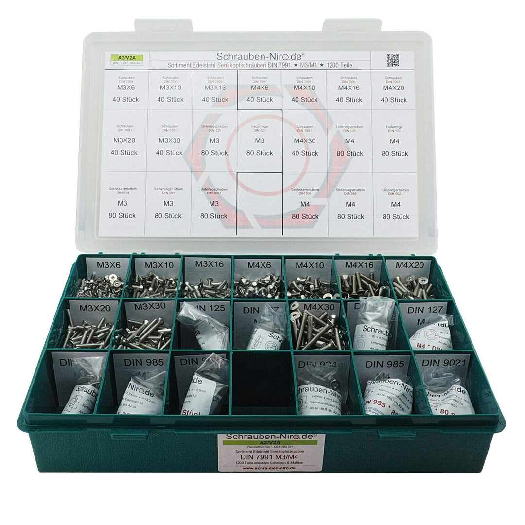 Sortiment M3 + M4 DIN 7991 (ISO 10642) Edelstahl A2 (V2A) Senkschrauben (Innensechskant) - Set beste