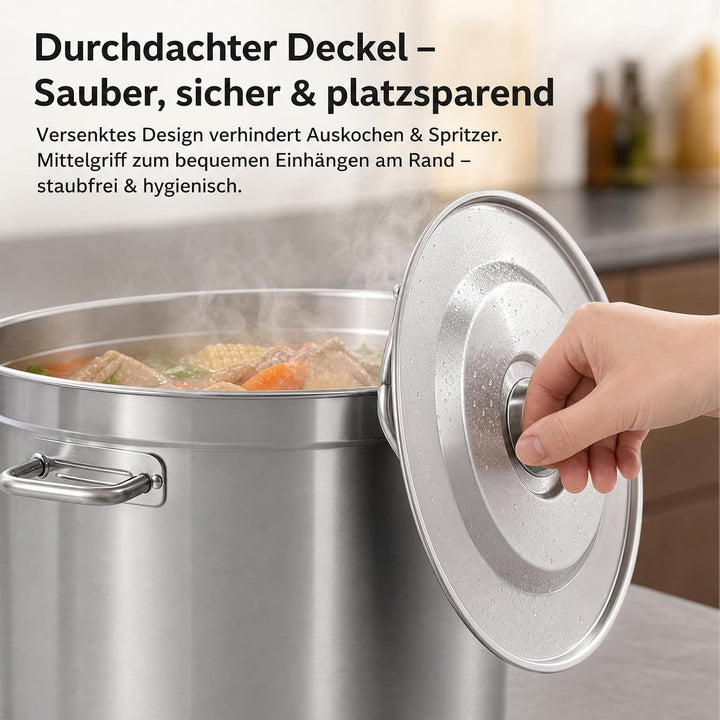 Edelstahl Suppentopf 98L, Gastronomie Kochtopf Suppentopf Gross mit Griffen und Sinkendeckel, Ø 51.5