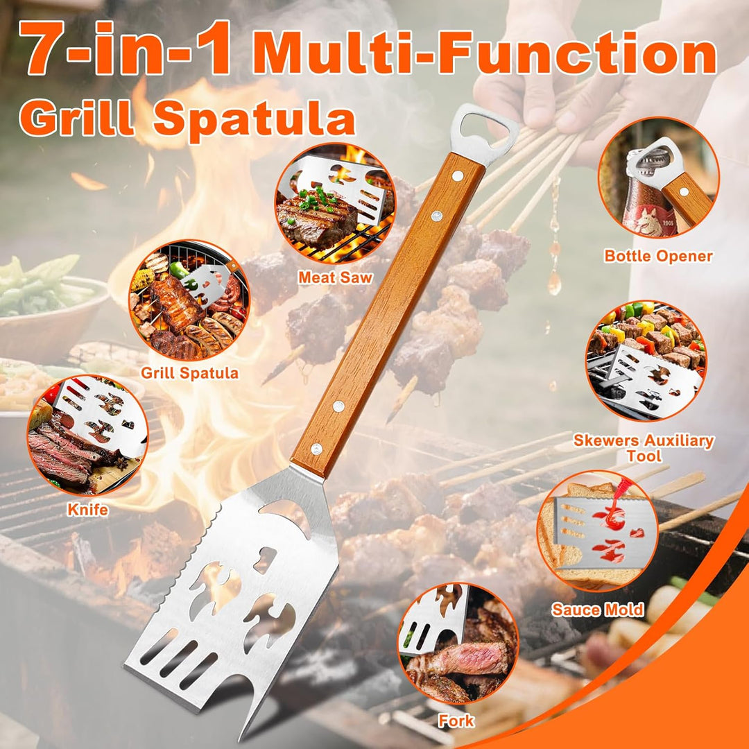 Cyiecw 2 Stück Grillbesteck Set, 7 in 1 Grillspachtel Edelstahl mit Holzgriff, Multifunktionales Gri