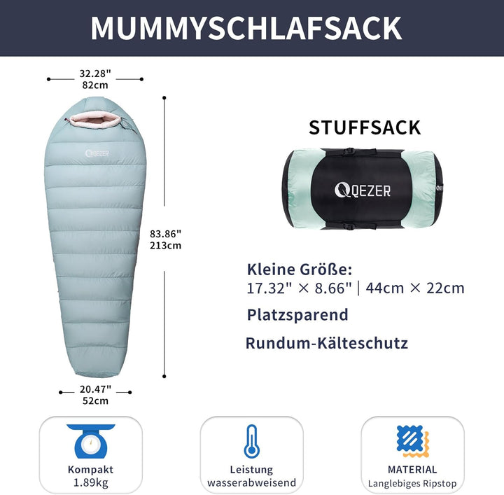 Daunenschlafsack, Winterschlafsack mit antistatischem Graphenfutter, 620FP Bauschkraft, 1450 Gramm,