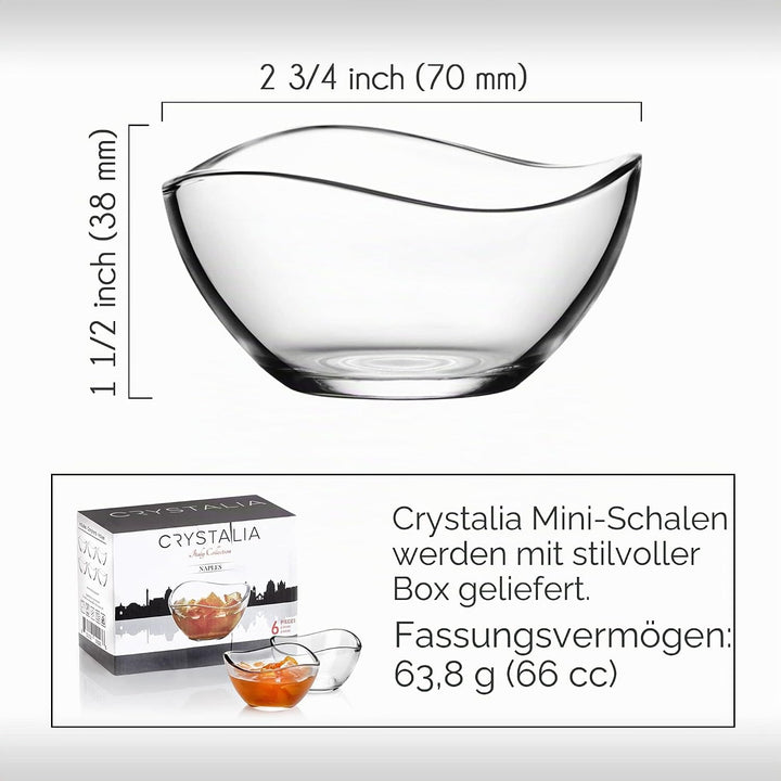 CRYSTALIA Mini Glas Dipschale 6'er Set, 66ml, 100% BLEI FREI Kleine Marmeladenschale, Servierschalen