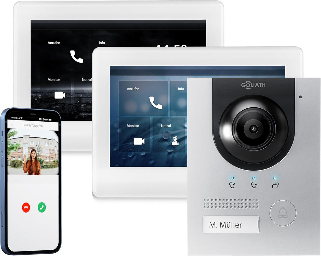 GOLIATH Full-HD Video Türsprechanlage, Aufputz Türstation in Silber, 1 Familienhaus Set, 2X Touchscr