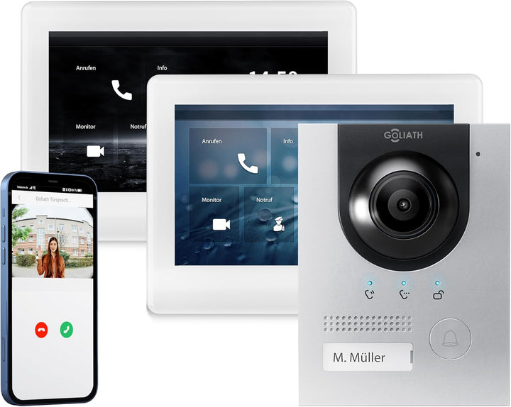 GOLIATH Full-HD Video Türsprechanlage, Aufputz Türstation in Silber, 1 Familienhaus Set, 2X Touchscr