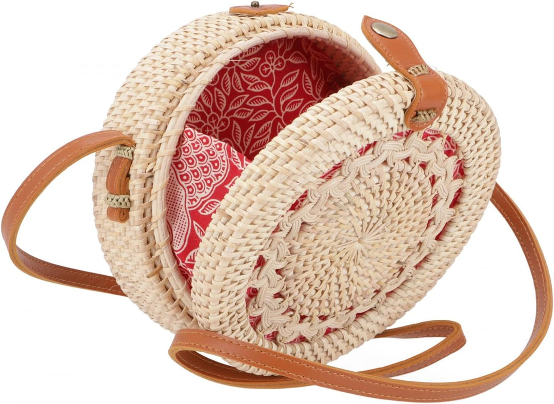 GURU SHOP Geflochtene Handtasche, Korbtasche, Rattantasche, Balitasche Rund - Modell 1, 20x20x7 cm,