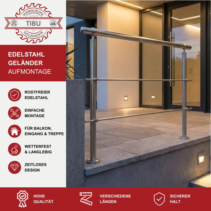 TIBU Edelstahl Geländer V2A für Balkon Terrasse Treppe mit waagerechten Streben, Aufmontage 0,6m-6m