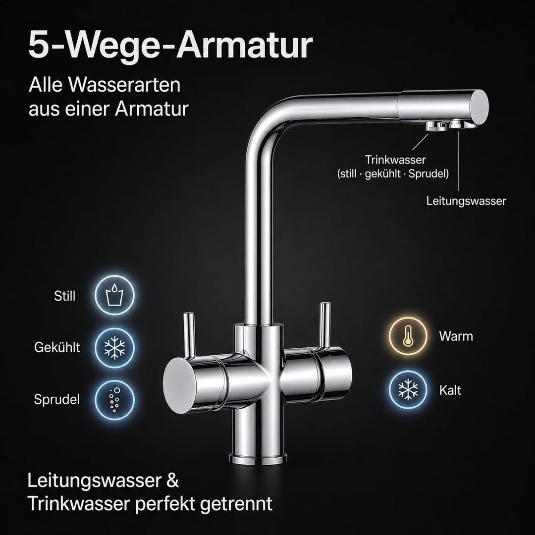 Untertisch Wassersprudler System INOX Trinkwassersprudler mit 5-Wege Wasserhahn Küche, Sprudelwasser