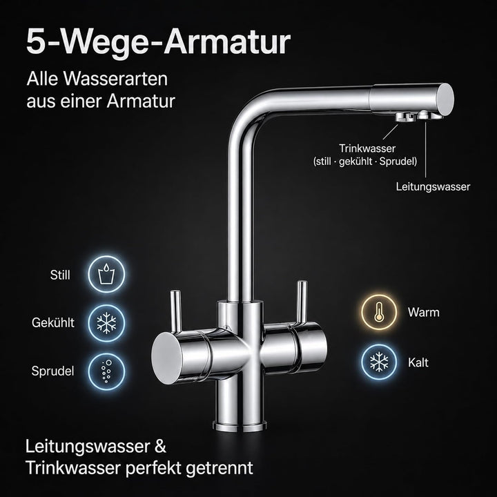 Untertisch Wassersprudler System INOX Trinkwassersprudler mit 5-Wege Wasserhahn Küche, Sprudelwasser