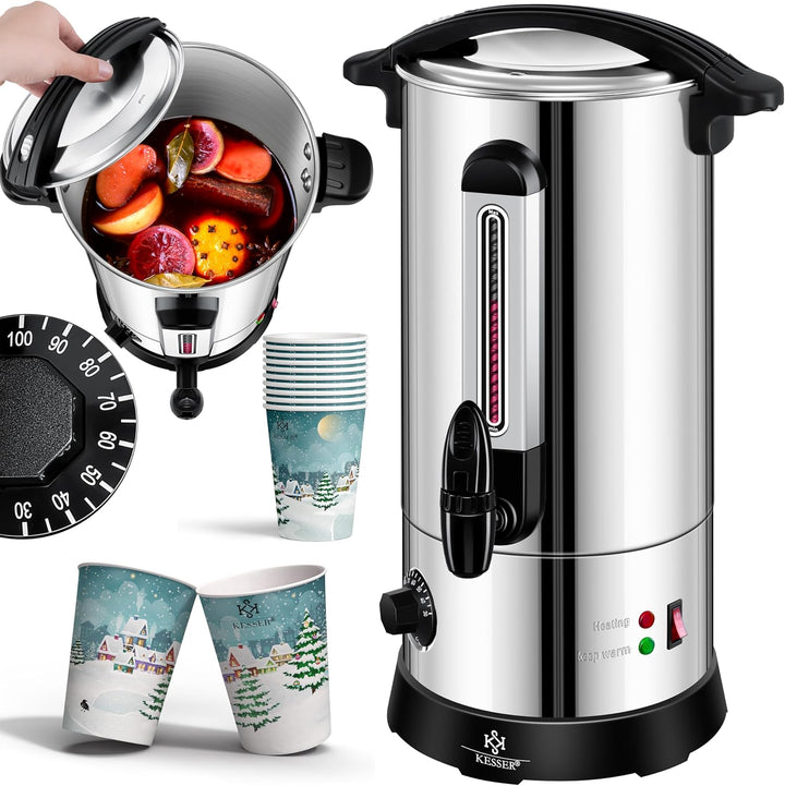 KESSER® Glühweinkessel 10L Edelstahl Inkl. 10x Becher Glühweinkocher mit Thermostat Glühweinautomat