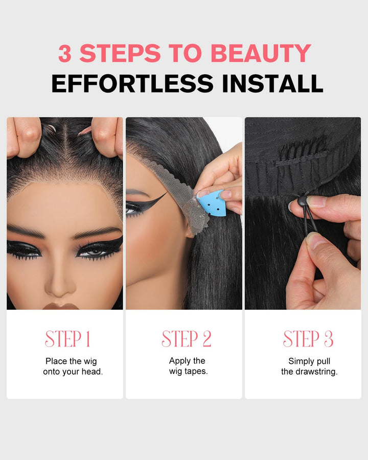 Tunfine 13x6 Full Lace Front Drawstring Wig Human Hair for Women 200 Density Glueless Straight Perüc