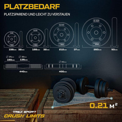 TREX SPORT 2er Set Hanteln & Hanteln 20 kg, 40 kg, Kurzhantelset mit Verbindungsrohr Schwarz, Schwar