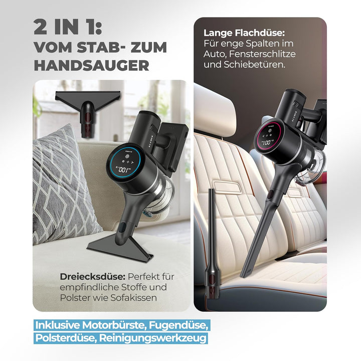 KLAMER Akku Staubsauger, 2-in-1 Staubsauger kabellos & Handstaubsauger, Akkulaufzeit bis 50 min, Akk