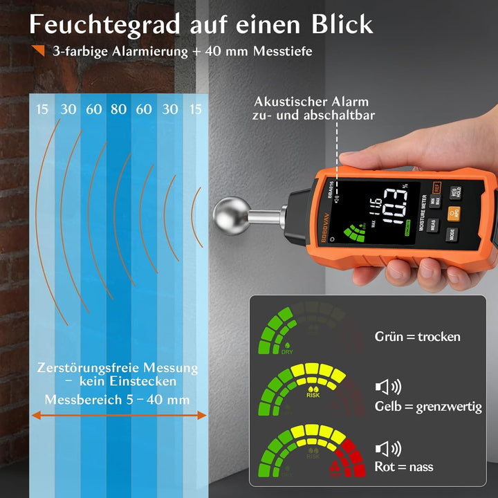 Feuchtigkeitsmessgerät Wand 5 Modi, Feuchtigkeitsmesser Zerstörungsfrei 40mm Tiefe, Feuchtemessgerät