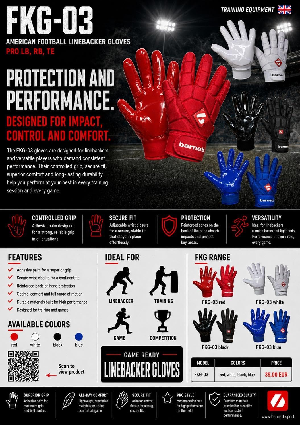 BARNETT FKG-03 Rot High Level Linebacker Fussballhandschuhe, LB, RB, TE XXL, XXL