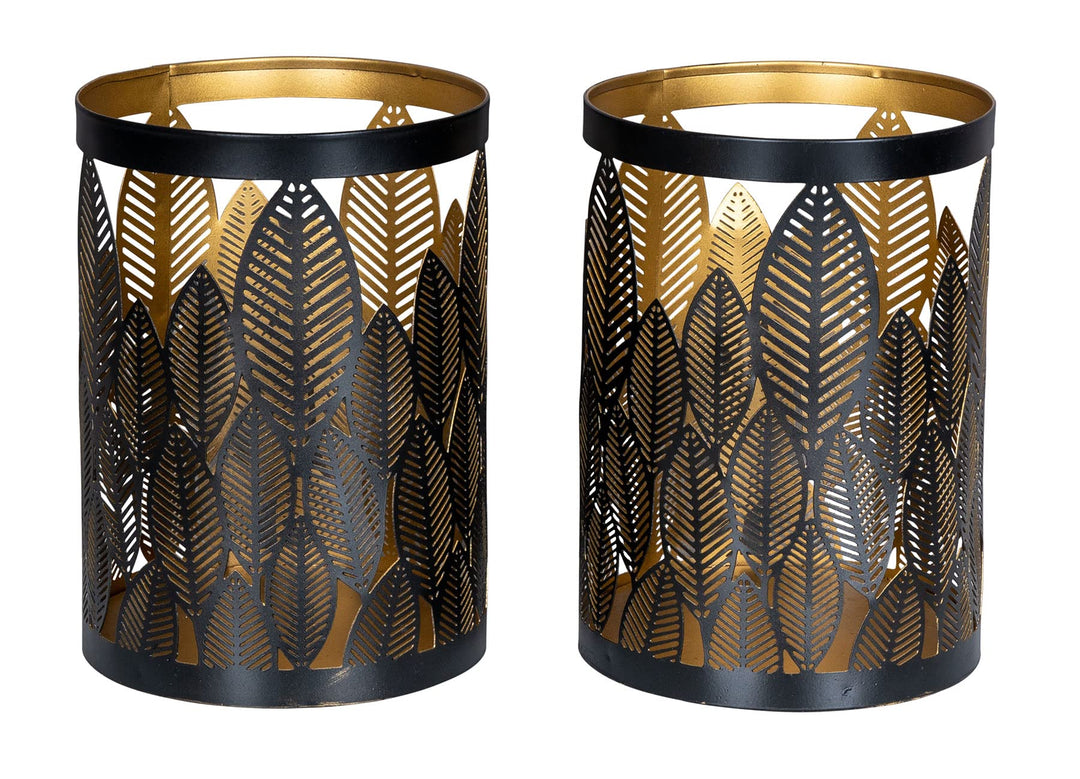 2er Set Windlicht 13x18cm Schwarz Gold Metall Teelichthalter Blattdekor Blumendekor Tischdeko Indust