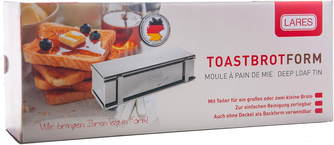 Lares Toastbrotform Edelstahl mit Teiler 30x10x9 cm – Für Toast, Vollkornbrot, Früchtebrot, Kuchen –