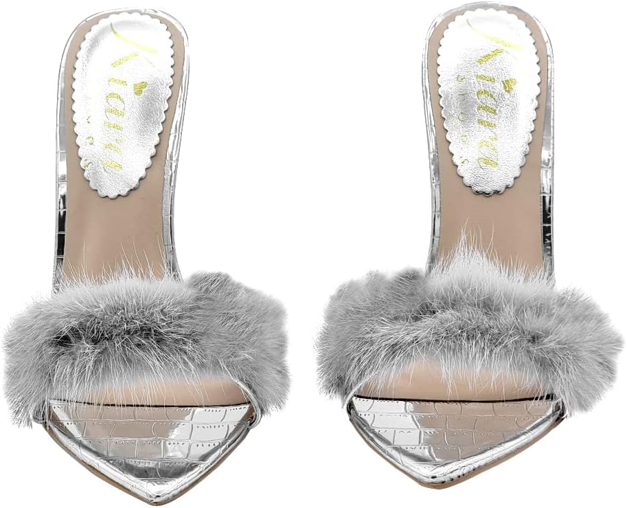 Sandalen mit spitzer Zehenpartie und silbernem Absatz - Made in Italy - KC14 Argento (38 EU, Silber)