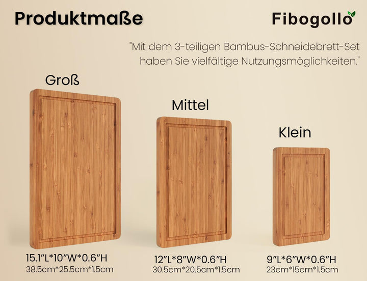 Fibogollo Bambus-Schneidebretter (3er-Set), karbonisierte Bambus-Schneidebretter mit Saftrinne für d