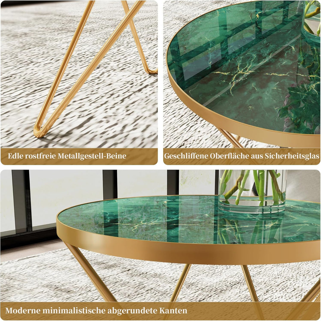 Couchtisch, Beistelltisch rund, Wohnzimmertisch, Kleiner Tisch, Sofatisch für Wohnzimmer, Grün Golde