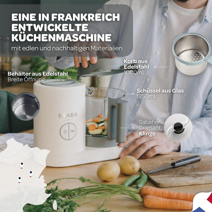 BÉABA - Babycook Neo - 4 in 1 Babynahrungszubereiter - Schonender Dampfgarer - Glaskrug und Garkorb