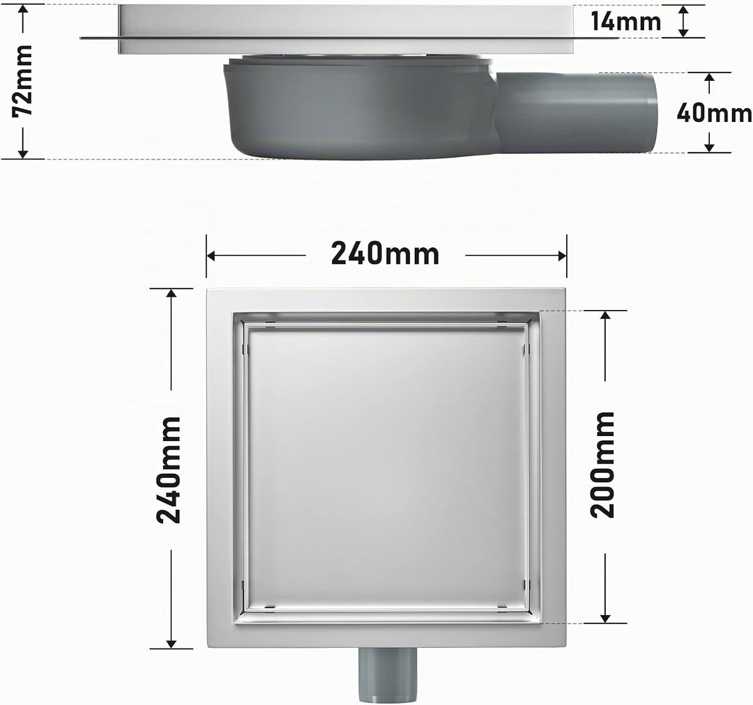 Duschrinne Quadrat 20 * 20cm, 360° Siphon mit Geruchsstop und Haarsieb 2 in1 Befliesbar Edelstahl Ab