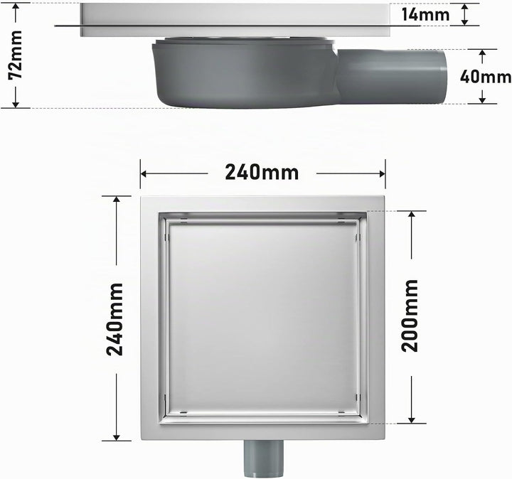 Duschrinne Quadrat 20 * 20cm, 360° Siphon mit Geruchsstop und Haarsieb 2 in1 Befliesbar Edelstahl Ab