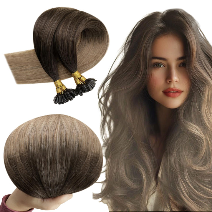 RUNATURE Extensions Echthaar Bondings Balayage Braun Blond Bondings Echthaar Extensions 30cm Unsicht