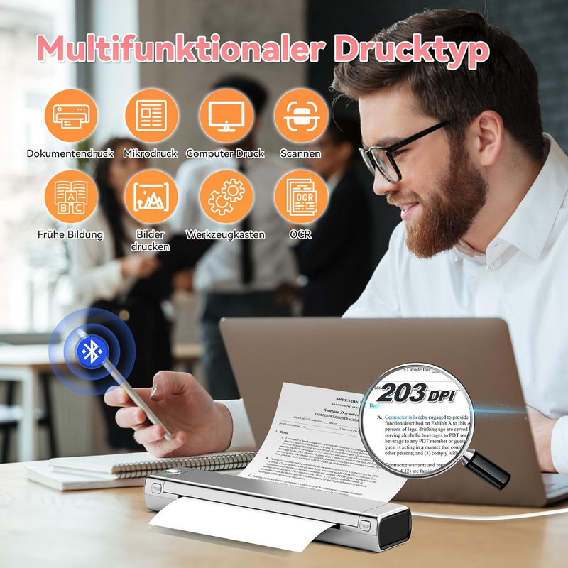 Odaro M08f Kabelloser Tragbarer Drucker Für Unterwegs, A4 Thermodrucker, Mobiler Bluetooth-Drucker,