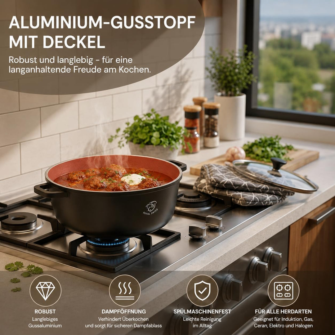 Royal Swiss Kochtopf Ø 28cm 6 L xl, Aluminiumguss Topf mit Marmor-Antihaftbeschichtung, Induktionsge