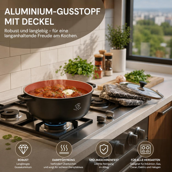 Royal Swiss Kochtopf Ø 28cm 6 L xl, Aluminiumguss Topf mit Marmor-Antihaftbeschichtung, Induktionsge