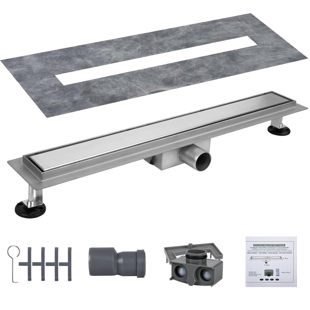 Duschrinne 70 cm, Befliesbare Edelstahl Extra Flach Duschablauf, Bodenablauf Dusche Komplettset inkl