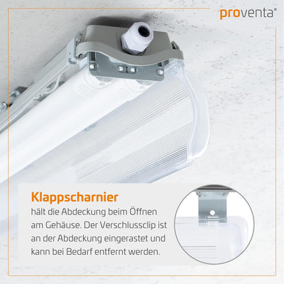 proventa IP65 LED-Feuchtraumleuchte 120cm mit 2x 18W LED-Röhre neutralweiss 4.320 Lumen Klappdeckel