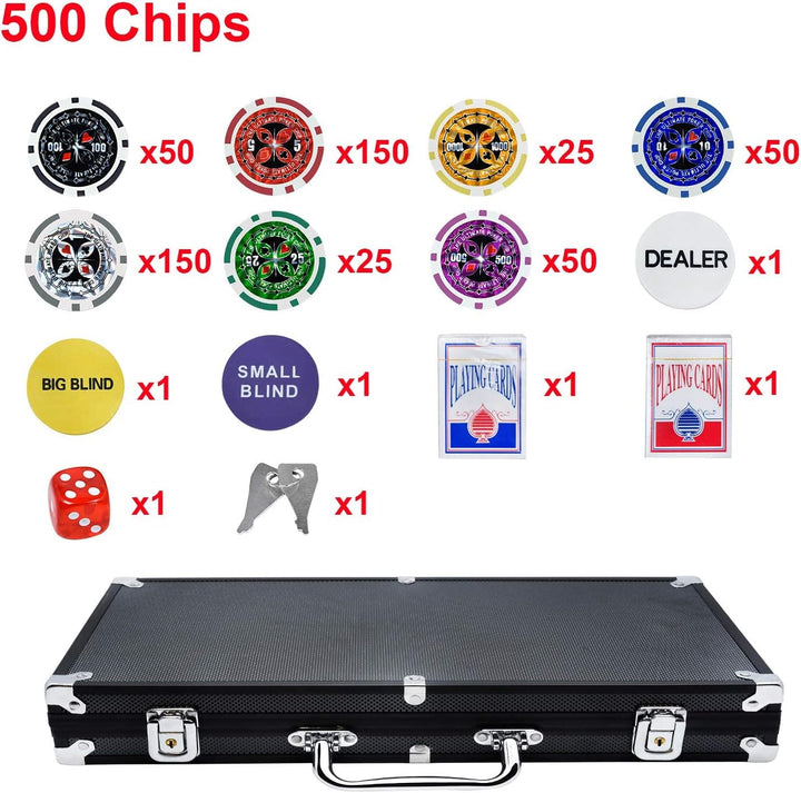 Pokerkoffer 500 Chips Texas Hold'em Poker Chips mit Schwarz Alumium Case Blackjack Gambing mit Caryi
