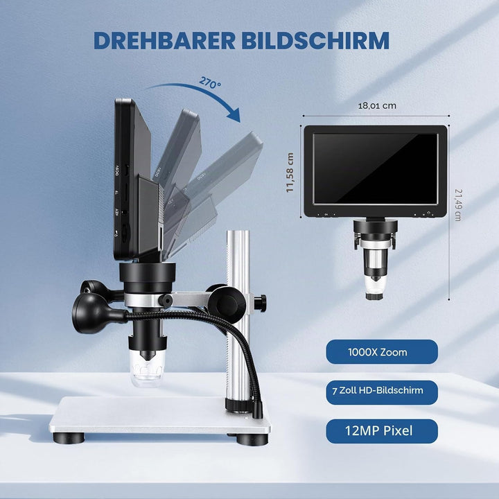Professionelles Mikroskop 7 Zoll 1200 x 12 MP Digitales Mikroskop mit drehbarem HD-Display/8 LED-Leu