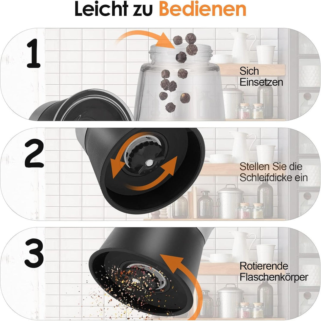 Gewürzmühle Set 6-teilig, Manuelle Salz- und Pfeffermühle aus Edelstahl mit Keramikmahlwerk, Transpa