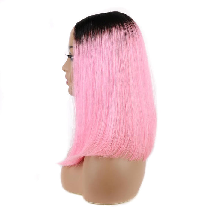 Huarisi 1b and Pink Short Bob Wigs Human Hair U Part None Lace 12 inch 10a Straight Remy Bob Ombre P