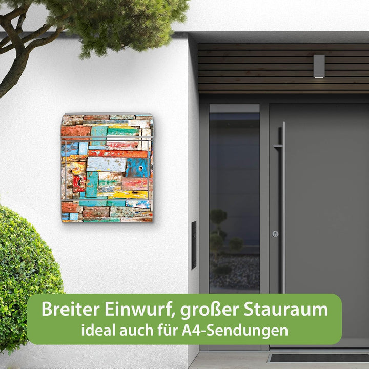 banjado® Design Briefkasten mit Motiv Bunte Holzschindeln 39x47x14cm &amp; 2 Schlüssel - Briefkasten Sta