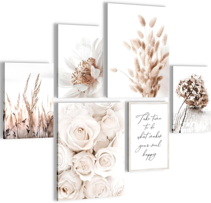 Novart Bilder Set - AUFHÄNGFERTIG - KEIN EXTRA RAHMEN BENÖTIGT - Boho Blumen Modern Beige - Wohnzimm