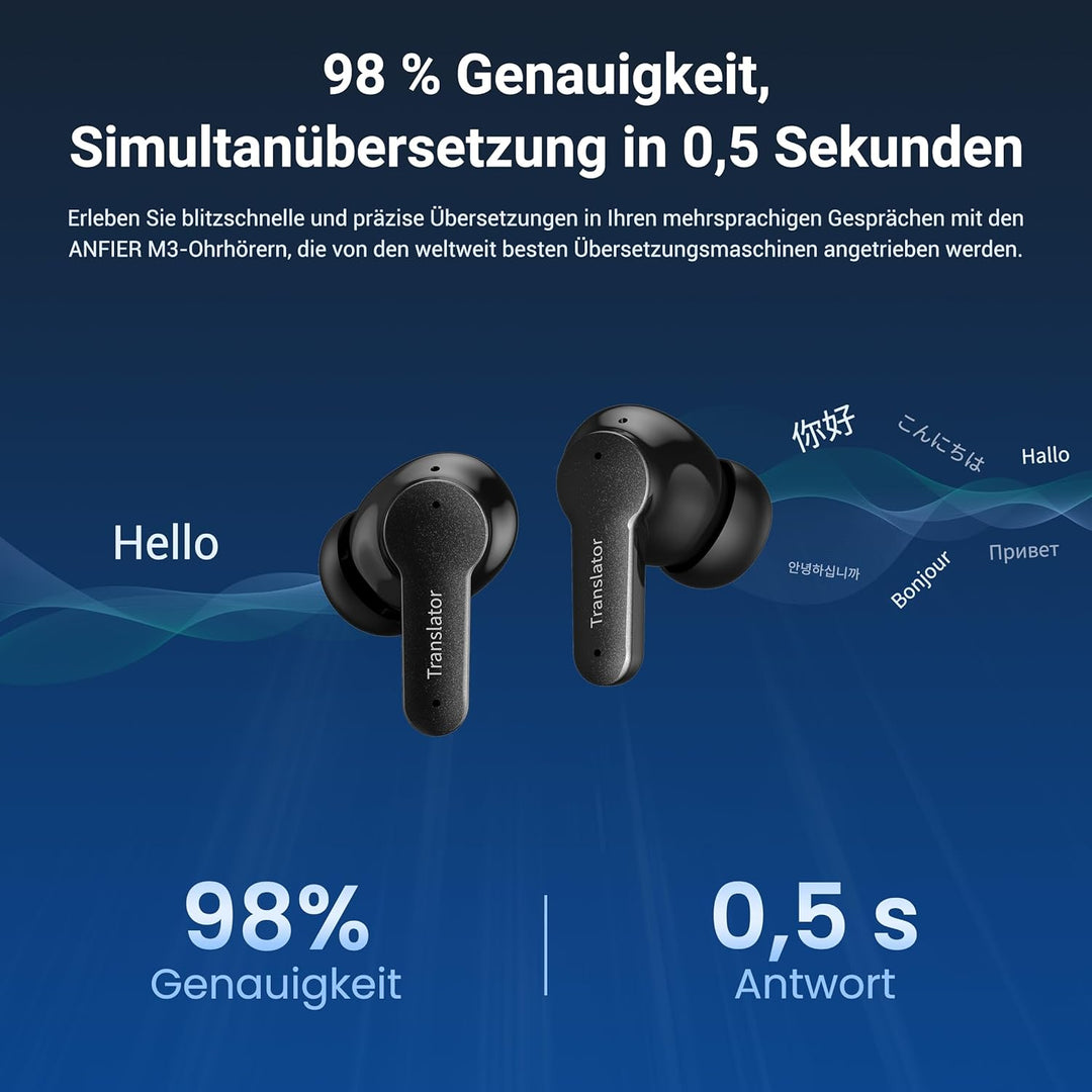 ANFIER M3 KI Übersetzer Kopfhörer, 3-in-1 Echtzeit Sprachübersetzer mit 144 Online & 11 Offline Spra