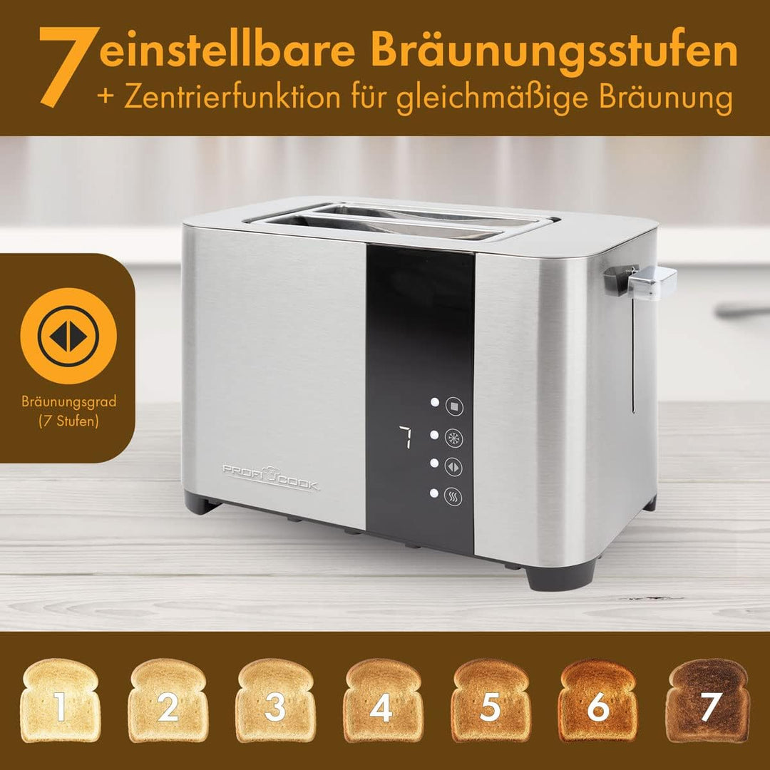 ProfiCook Toaster, Toaster 2 Scheiben mit Sensor Touch Bedienung, Auftau-, Aufwärm-/ Schnellstoppfun