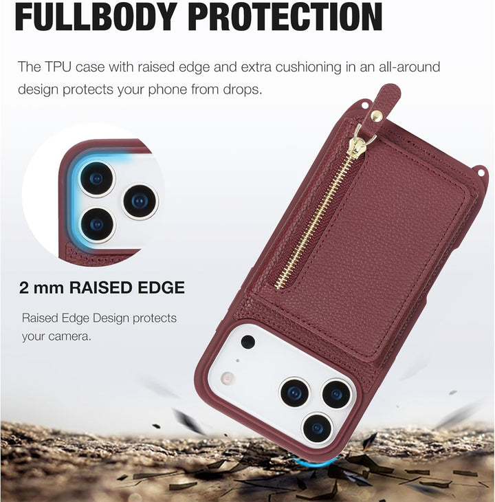 ELTEKER Handyhülle für iPhone 17 Pro Max Hülle mit Band, Kartenfach Reissverschluss Geldbörse, Handy