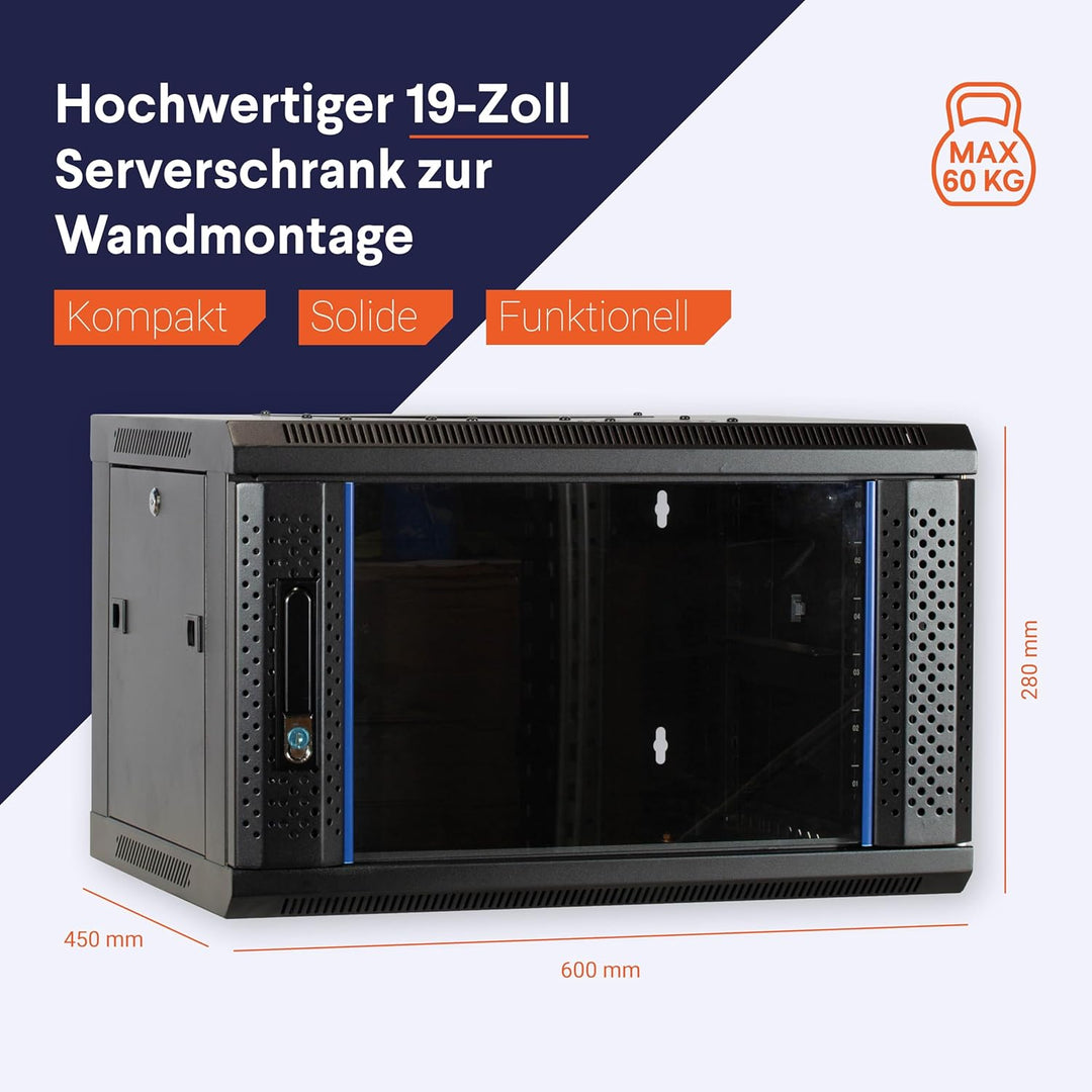 DSIT 4HE Netzwerkschrank (Serverschrank) 19 Zoll Wandmontage - mit Glastür (BxTxH) 600 x 450 x 280mm