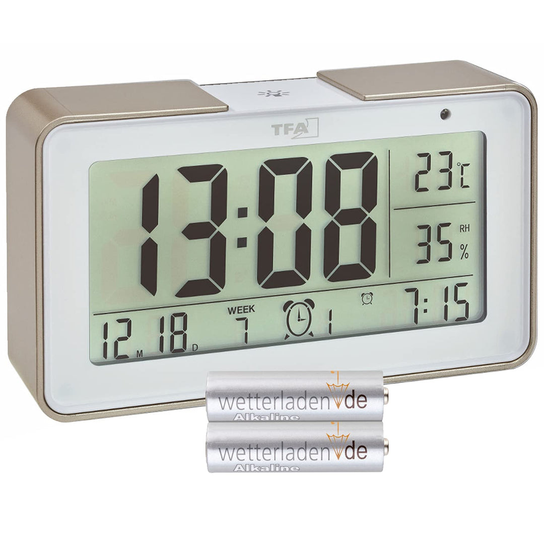 TFA Dostmann 60.2540 Funkwecker Melody mit verschiedenen Wecktönen (Champagner mit Batterien), Champ