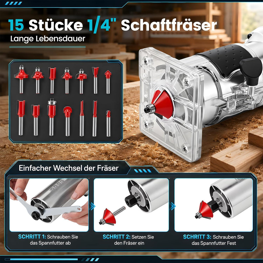 Oberfräse 800W Kantenfräse mit 15-tlg, 800W 30000 U/min Professionell Oberfräse Einhandfräse 6,35mm